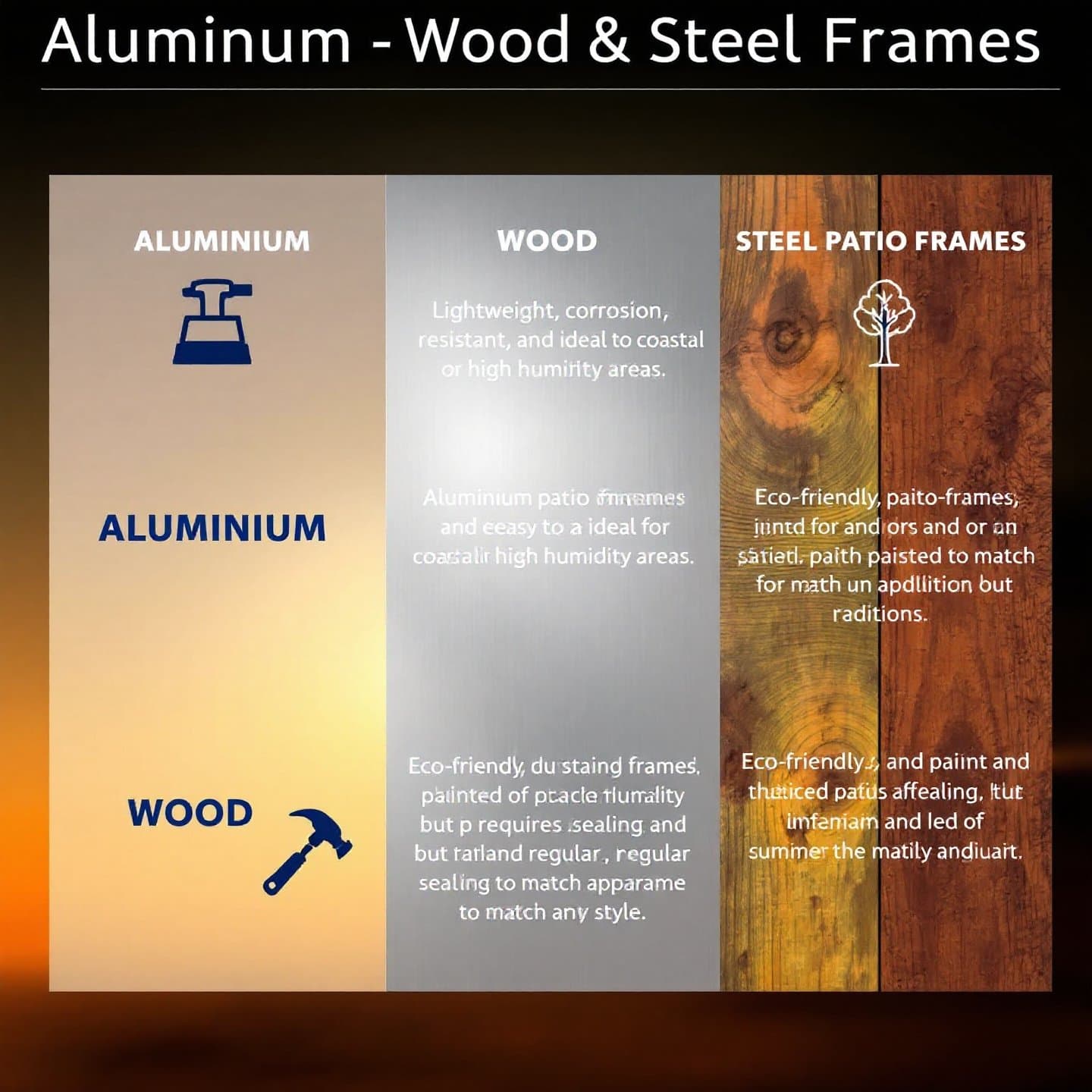 comparison table of different patio frame materials