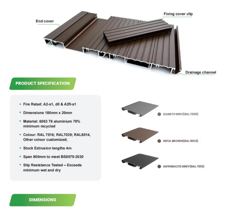 Weather-resistant aluminium decking used for outdoor flooring, designed to withstand harsh weather and heavy foot traffic.